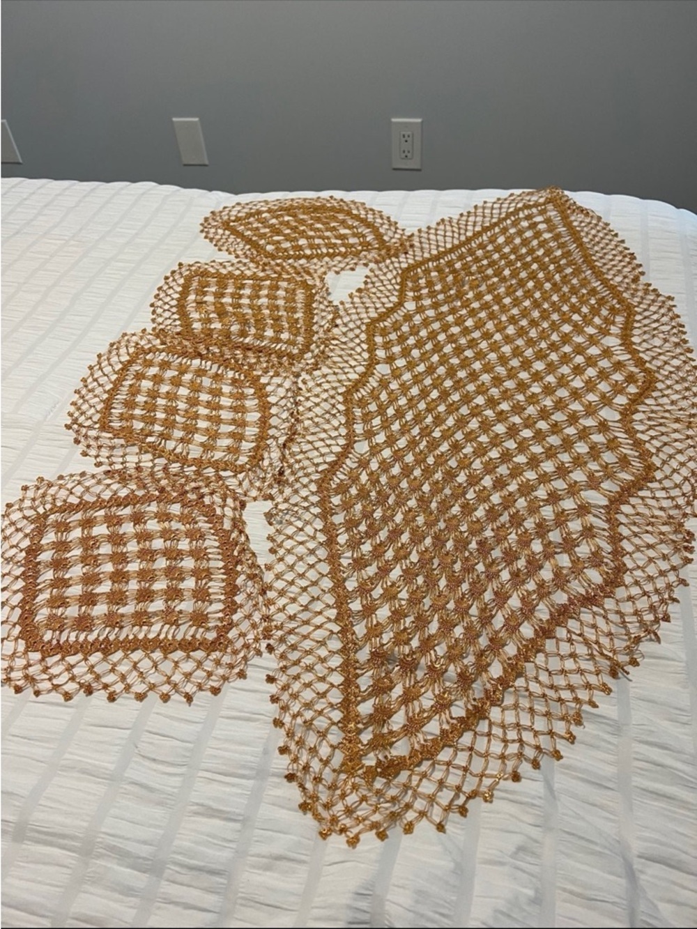Hand Crafted Golden Brown Crochet Lace Table Runner with Coasters
